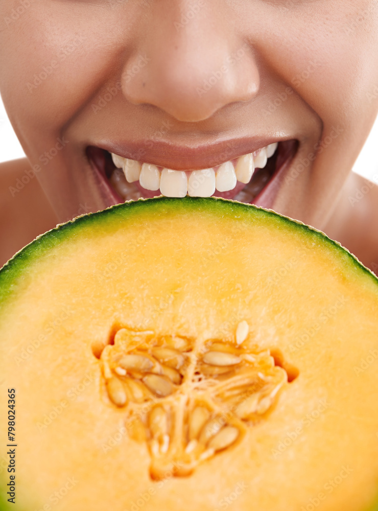 Sticker Bite, woman and melon in studio for closeup, health or nutrition on white background. Fruit, detox or weight loss and benefits for antioxidants, diet or teeth for vitamin or mineral from natural food