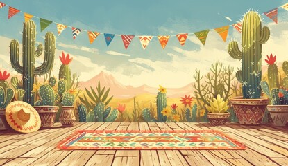 wooden table with cactus and sombrero, mexican background, colorful stripes in the sky, mexican fiesta - obrazy, fototapety, plakaty