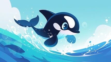 A charming killer whale pops up from the deep in this adorable cartoon portrayal Designed in a sleek and stylish flat sticker icon motif this premium logo 2d embodies a lovable mascot charac