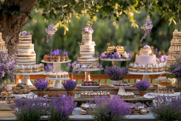 lavender cake and lavender flowers, Delight in the elegance of a dessert buffet table set in a...