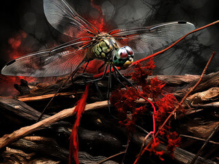 Red dragonfly sitting on the dry plants. Big abstract insect colse up view.
