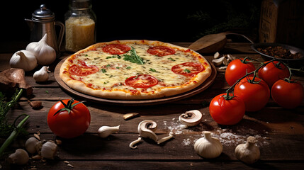 Pizza with cheese, tomatoes and other ingredients on the kitchen table.