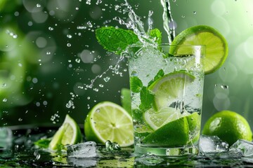 Refreshing Mojito Cocktail with Splashing Lime and Mint