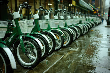 Green and white rentable electric bikes are lined up, illustrating sustainable transportation options and bike-sharing programs.

