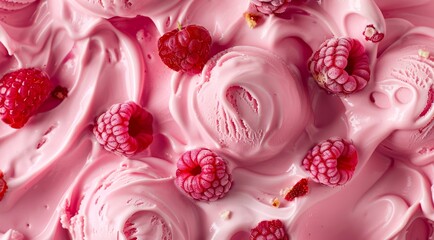 Surface of raspberry ice cream with fresh berries, top view. Pink ice cream texture background.