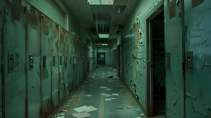The hallway of an abandoned hospital was filled with old rusty lockers and scattered papers on the floor