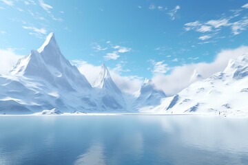Fototapeta premium A beautiful winter landscape with snow-capped mountains and a frozen lake.