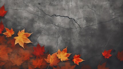 A close up of a cracked concrete wall with red and orange autumn leaves laying on it.