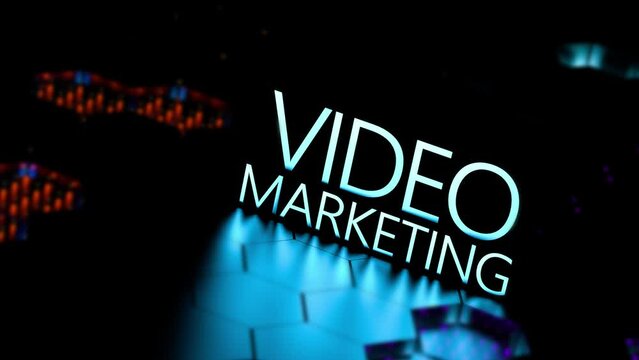 VIDEOMARKETING luminous text on a digital platform. Video marketing business concept, animation, 3D render