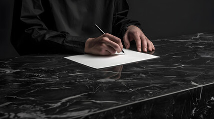 The man is sitting at a black elegant marble table. He is writing something on a white paper 