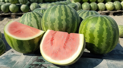 Many big sweet green watermelons and one cut watermelon.