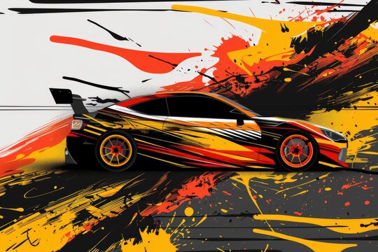 A sports car covered in colorful paint splatters. Perfect for automotive and artistic concepts