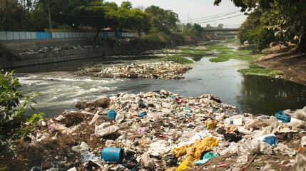 Huge pile of garbage in the river. Earth day concept. A pile or rubbish or litter on the river beach or riverside. Polluted beach. Polluted natural spot. Human activity damaging Earth.