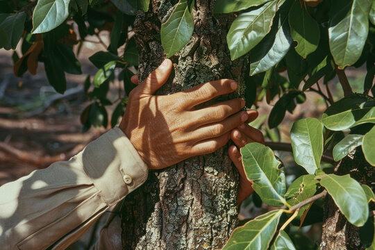 Hands embracing a tree in a hug.

