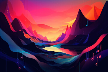 Stylized digital art of a vibrant sunset with musical note elements over a river valley