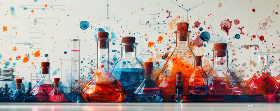 Vibrant and colorful science laboratory experiment scene with various chemical reactions