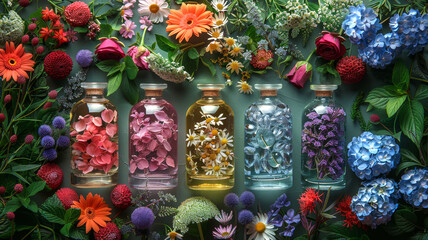 A vibrant collection of various flowers and plants with five transparent bottles containing floral elements on a green backdrop