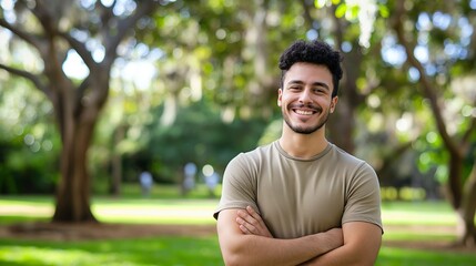 Fototapeta premium Young hispanic man smiling confident standing at park. Diversity concept. Handsome hispanic young man.
