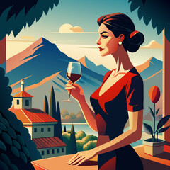 illustration of woman with wine