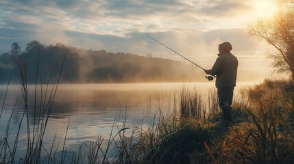 A fisherman with a fishing rod, a spinning reel on the bank of the river. Sunrise. A man fishing alone at the dawn. Fog on the background of the lake. foggy morning background. 