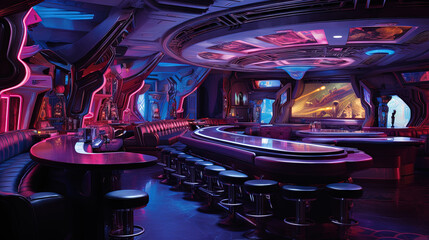 Sci-fi interior of futuristic space bar or saloon with neon cyberpunk decorations.