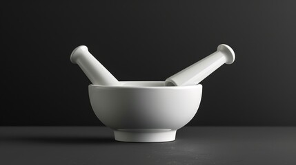 White mortar and pestle on a table, suitable for kitchen or medical concepts - obrazy, fototapety, plakaty