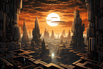 Science fiction landscape with futuristic city at orange dusk on the alien planet. - 798028148