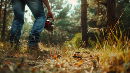 A man holding a chainsaw in a forest. Suitable for horror or thriller themes