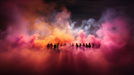 Group people on a background of colored smoke