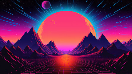 Road to horizon in synthwave style. 80s styled purple and blue synthwave highway landscape. - 798028553