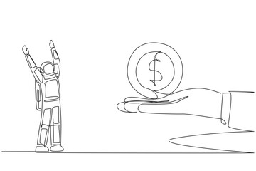 Continuous one line drawing astronaut excited to get dollar symbol coin from a giant hand. Gold money. Cash. Space mission success. Cosmonaut outer space. Single line draw design vector illustration