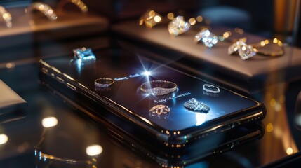 Luxury jewelry display on smartphone screen in a chic store