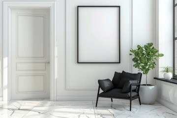White modern room with open swing door furniture chair plant.
