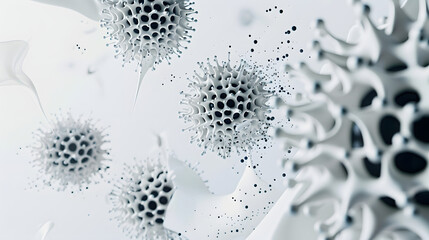 White background with black cells and white colored virus shapes 