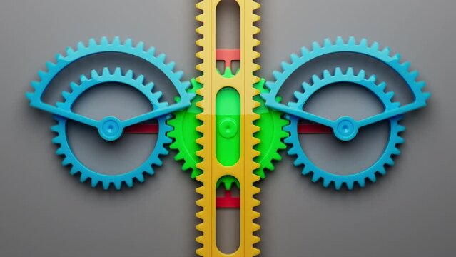 Looped animation of a group of multi-colored children plastic gears using a toothed rack. Looped movement. Close-up