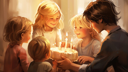 Kids looking at birthday cake with candles, having b-day party
