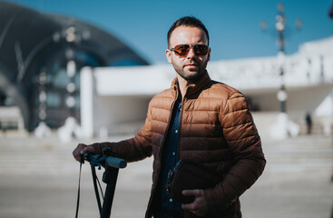 Fashionable adult male in sunglasses stands with electric scooter in a modern cityscape with...