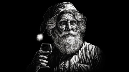 hand drawn illustration of Santa Claus with drink isolated on dark. Symbol of New Year