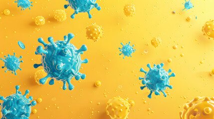 Yellow background with blue cells and yellow colored virus shapes 
