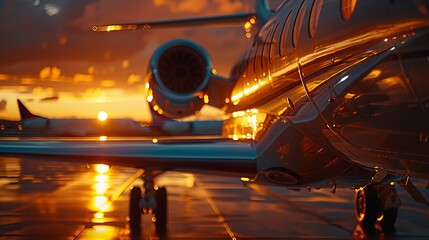 Golden hour light reflecting off the turbine of a luxurious private jet.