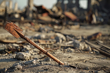 A javelin, its wooden shaft splintered and broken, cast aside amidst the wreckage of war.