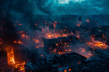 cityscape of burning abandoned apartment buildings by night, city on fire, war, european residetial area, aerial view, dark blue sky, photorealistic // ai-generated 