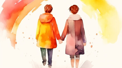 Gay and Lesbian Couple Family Queer Art - LGBT Inclusive Diverse Love Illustration of People Kiss and Hug in Romantic Cute Watercolor Drawing Children Book Digital Painting Full of Pride and Equality