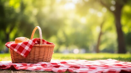 a picnic basket on a red-checkered tablecloth