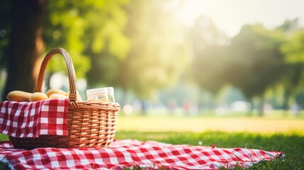 A picnic basket filled with fresh bread, fruit, and wine