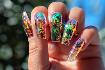 Hand with aesthetic manicure, holographic 3D nail art