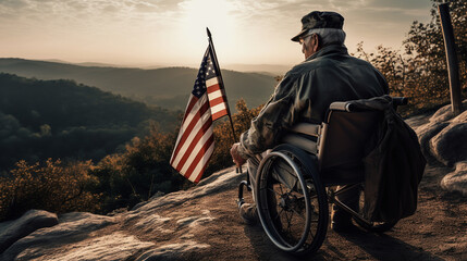Man on wheelchair concept USA veteran. - obrazy, fototapety, plakaty