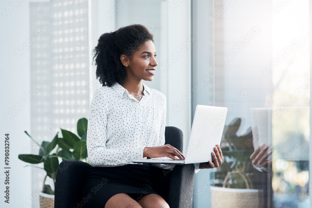 Poster Business woman, office and laptop with view at window with thinking and public relations email. Worker, technology and job idea at company with inspiration for digital project with computer and smile