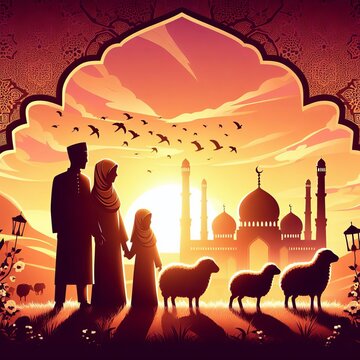 Eid al-Adha image with silhouettes of family and sheeps