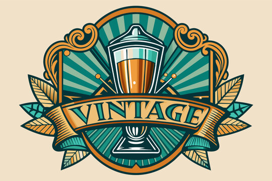 Illustration of a vintage style label with a shield, a glass of beer, and the word "VINTAGE" on a banner, all in shades of green, orange, and beige.